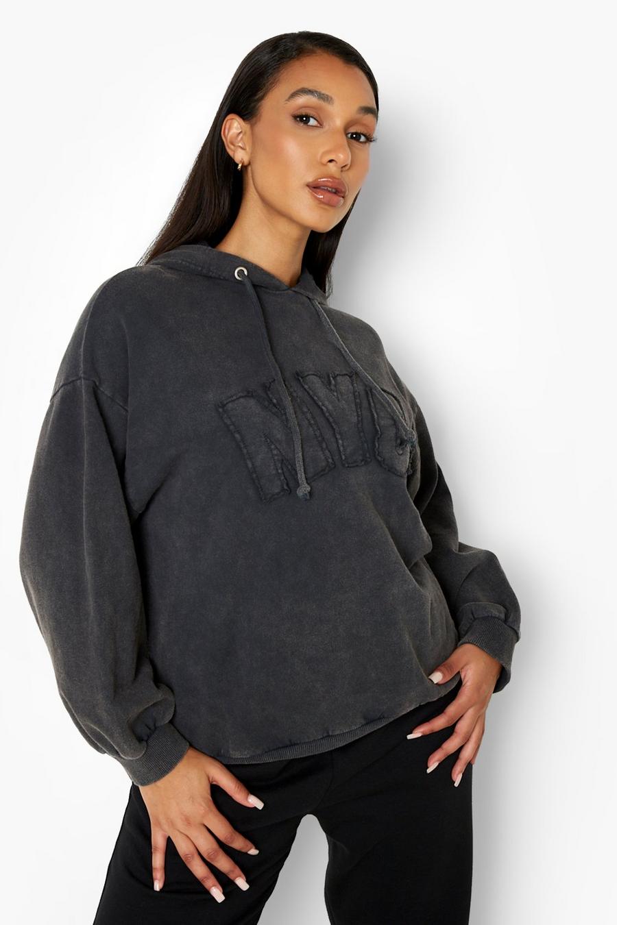 Black "NYC" Oversize hoodie med tvättad effekt och slogan image number 1