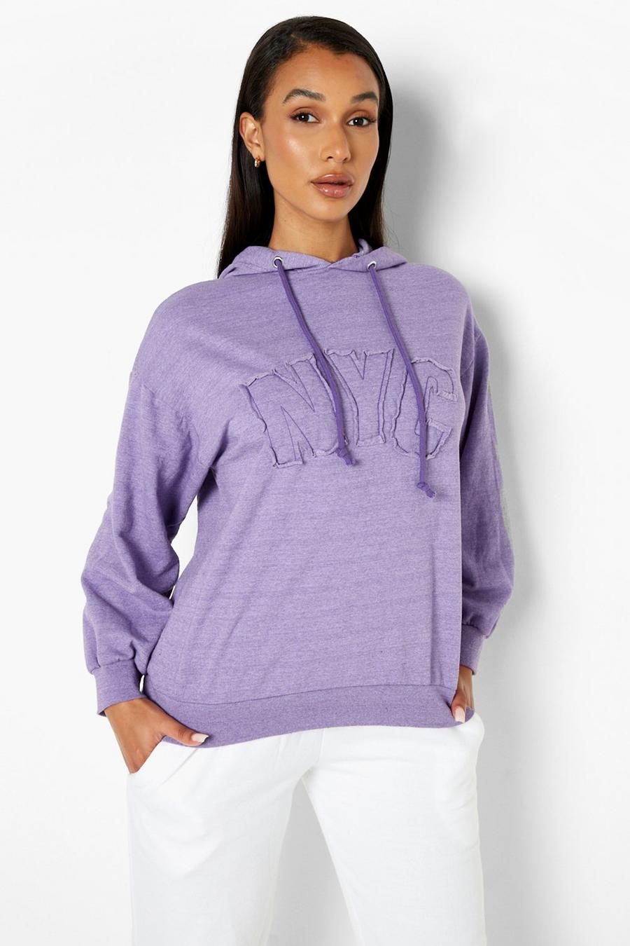Purple NYC Oversize hoodie med tvättad effekt och slogan image number 1
