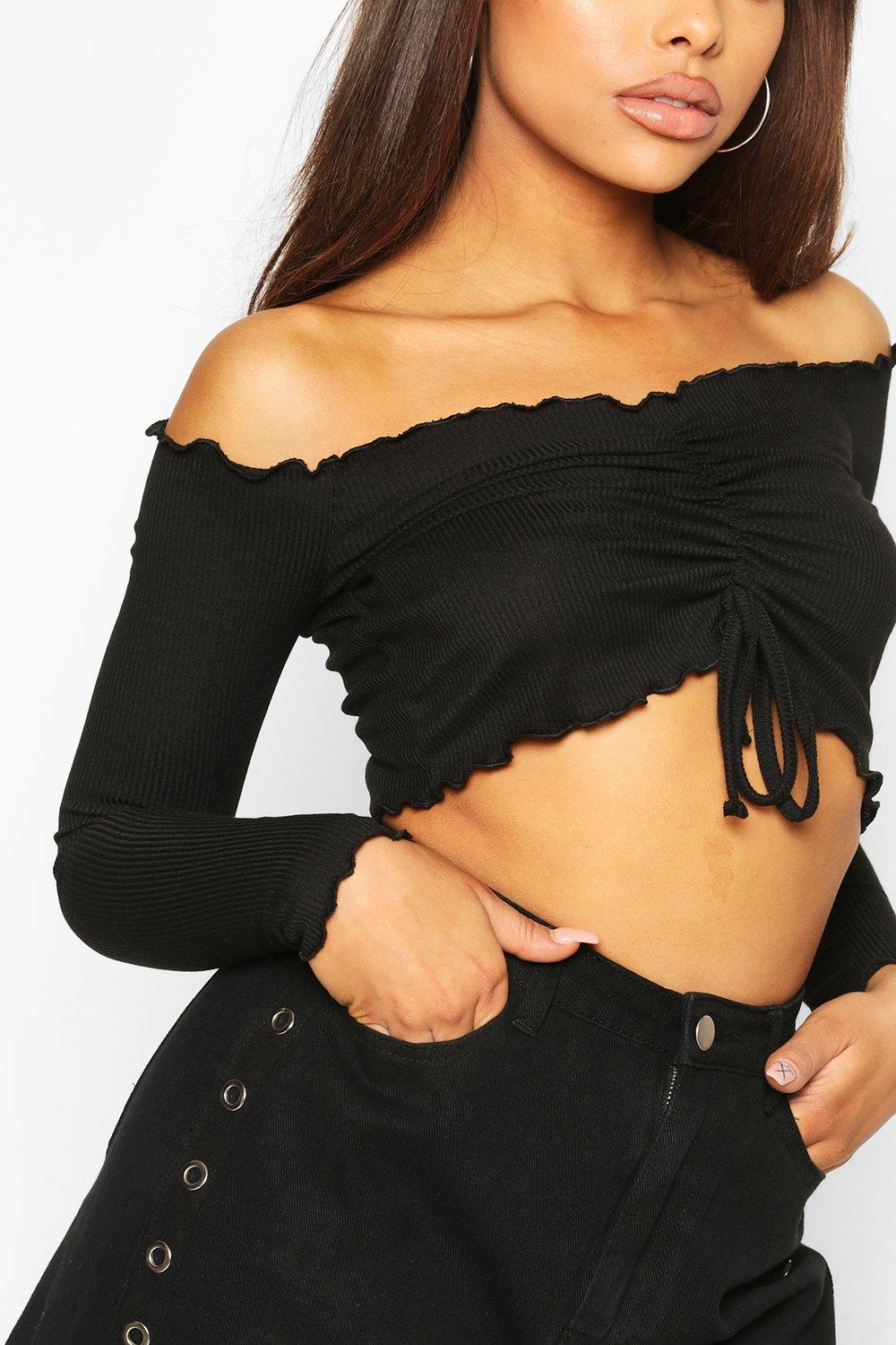 Cut Out Shoulder Long Sleeve Lettuce Hem Crop Top