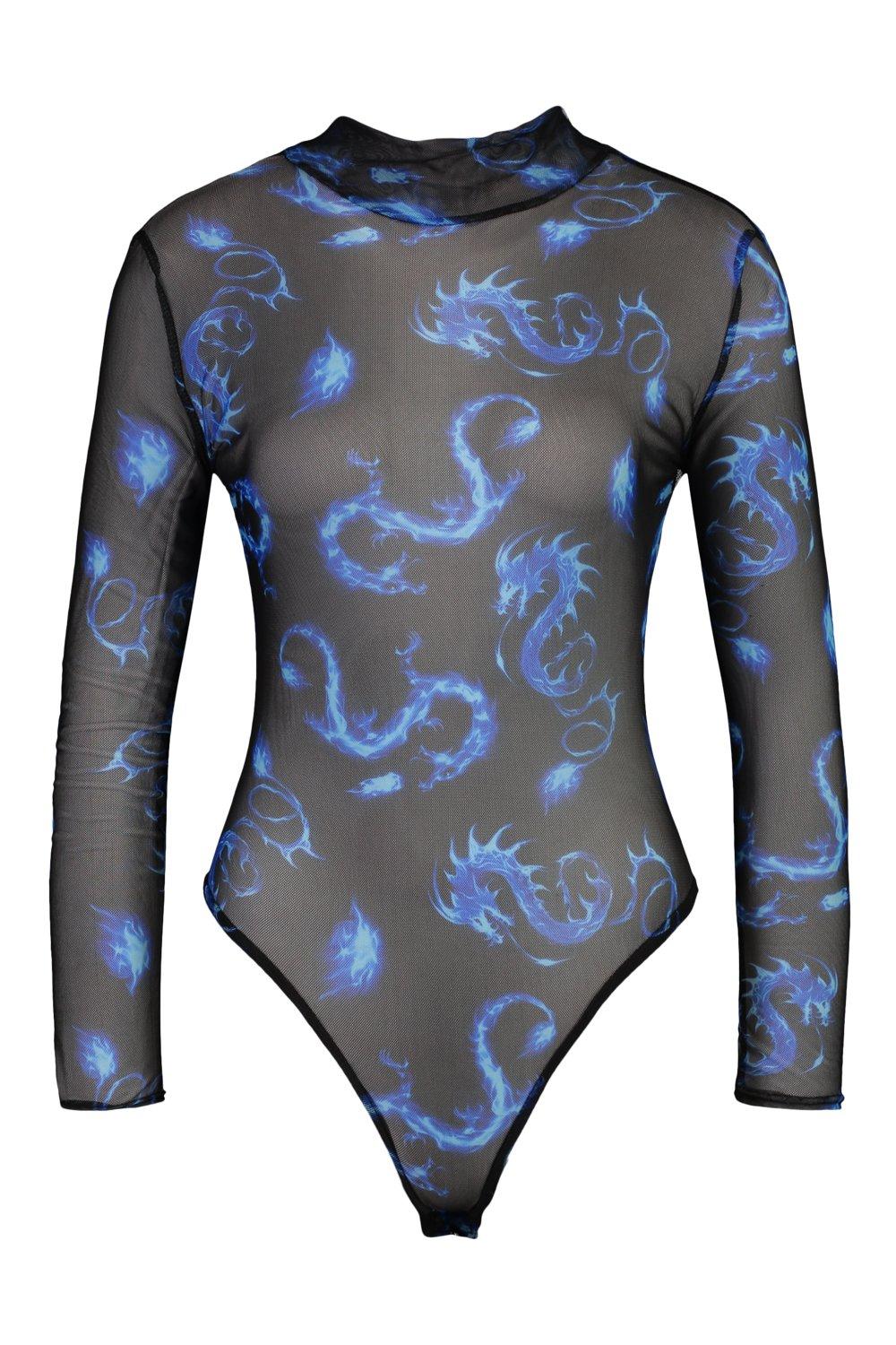 Black Dragon Printed Mesh Bodysuit, Tops