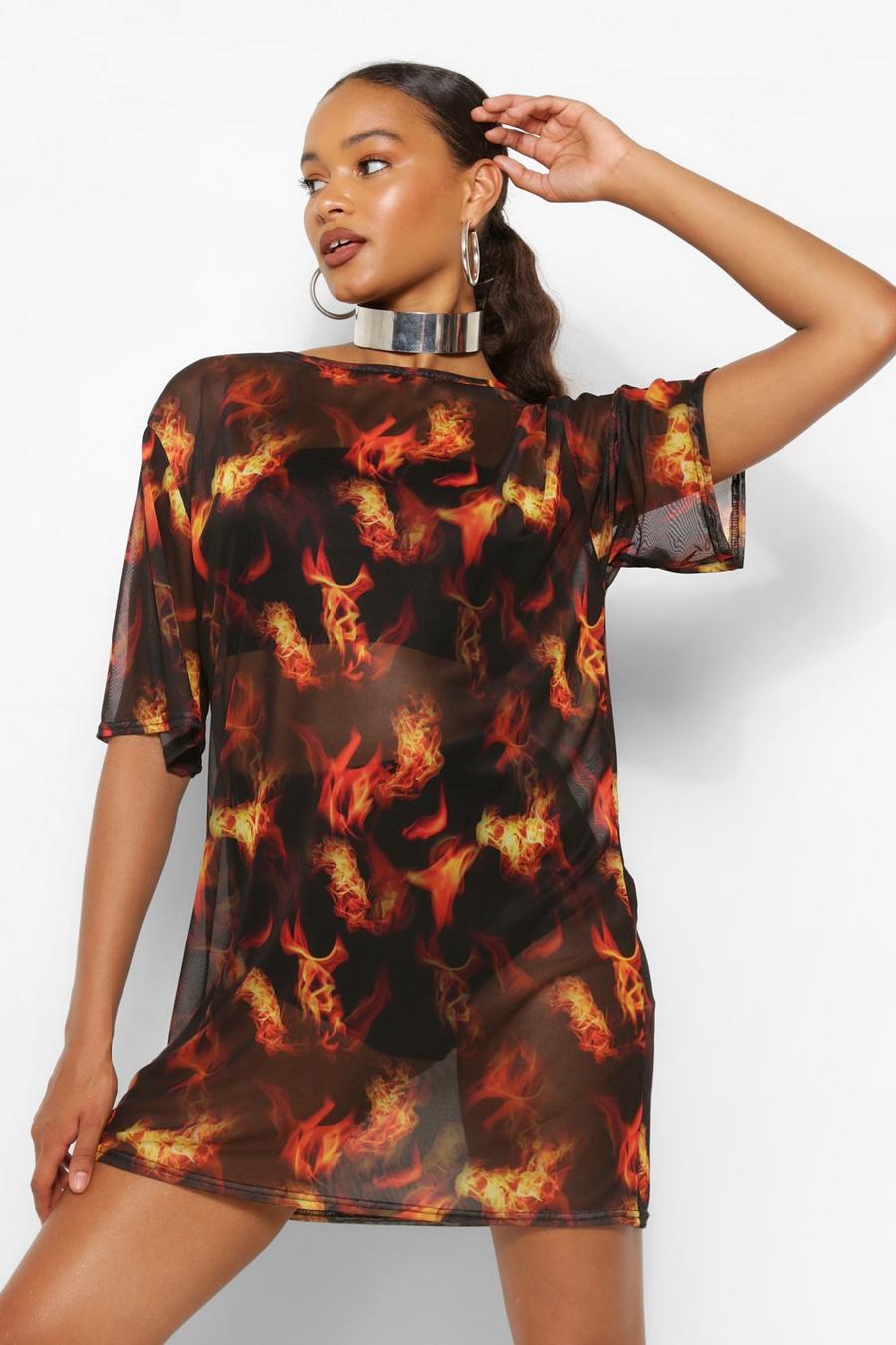 Oversized-T-Shirt-Kleid aus Netzstoff mit Flammen-Print, Schwarz image number 1