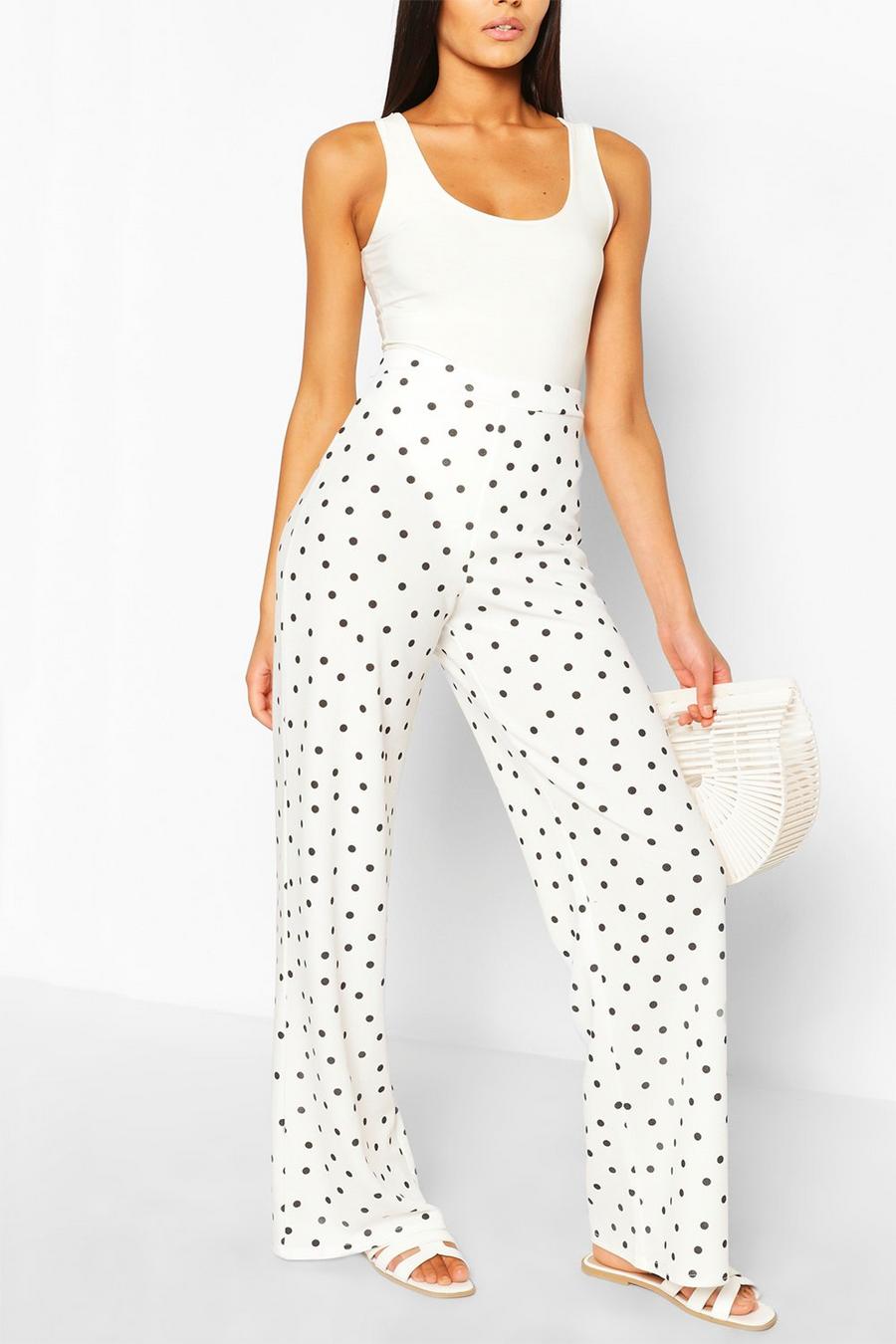 Ivory Polka Dot Crepe Wide Leg Trousers image number 1