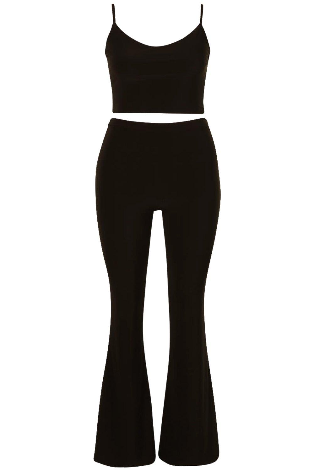 Trendy Soft Crop Top and Flare Pants Set in Black - Retro, Indie and Unique  Fashion