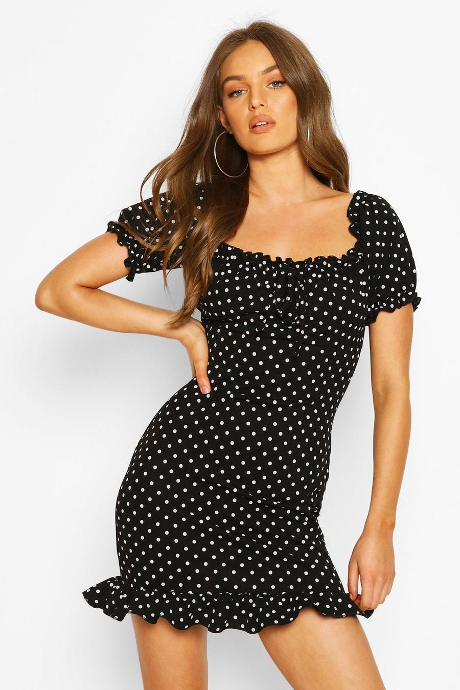 Black Polka Dot Milkmaid Style Dress image number 1