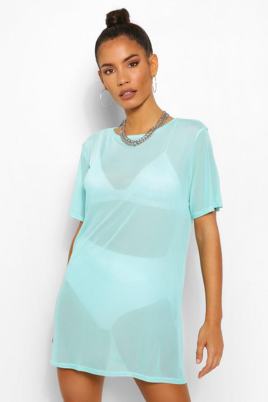 T-Shirt-Kleid aus Netzstoff, Aquablau image number 1