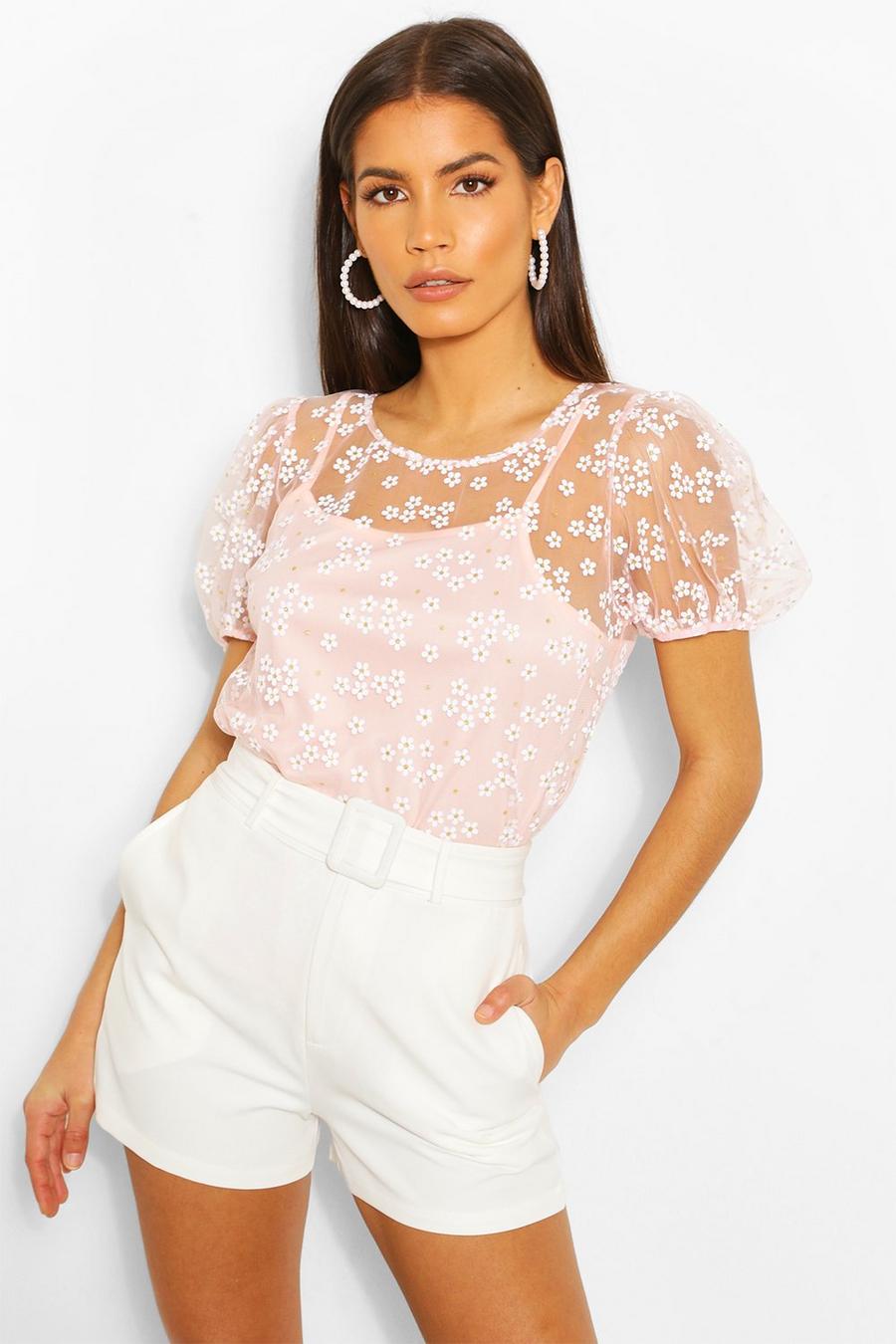 Floral Mesh Puff Sleeve Cami Top image number 1
