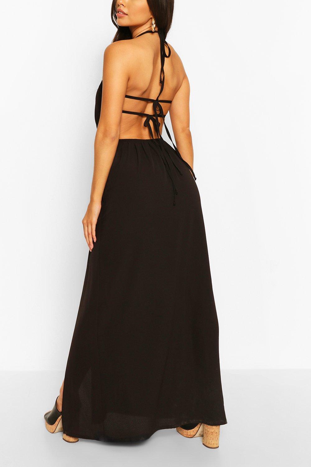 Woven Strappy Back Halterneck Split Maxi Dress | Boohoo