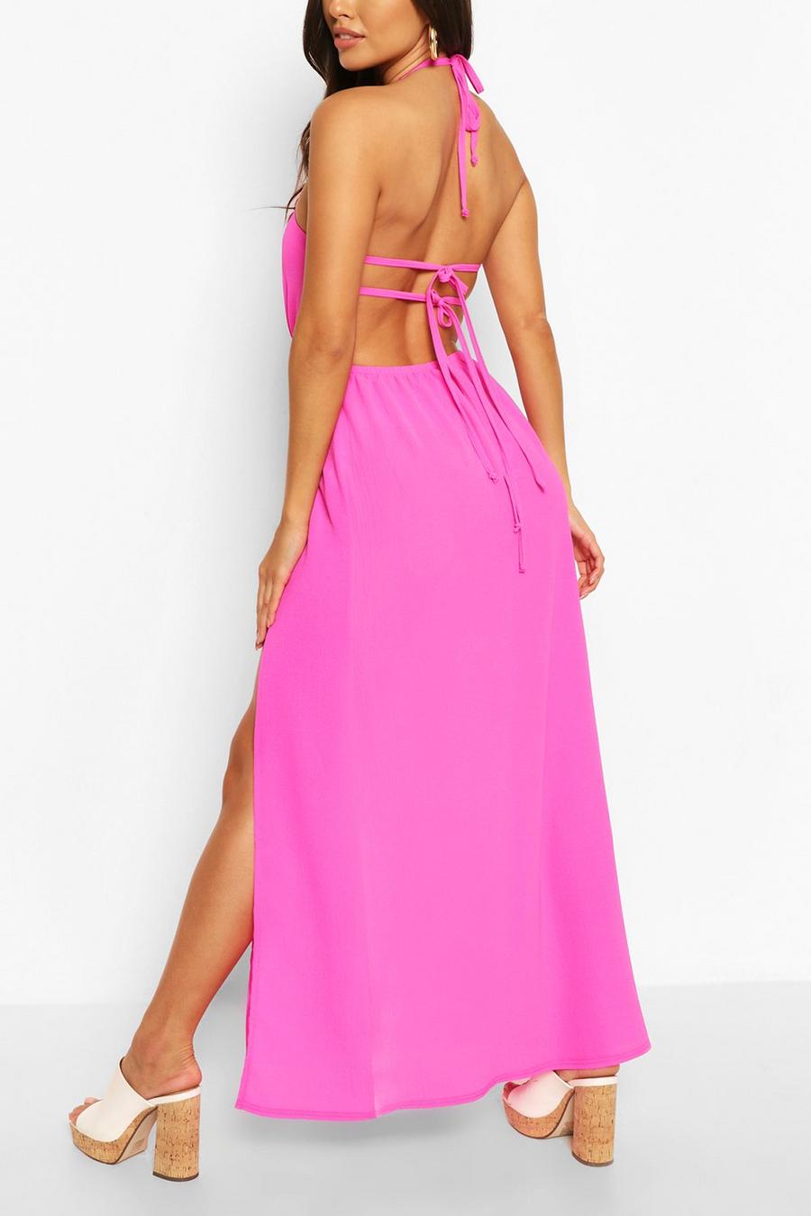 Hot pink Woven Strappy Back Halterneck Split Maxi Dress image number 1
