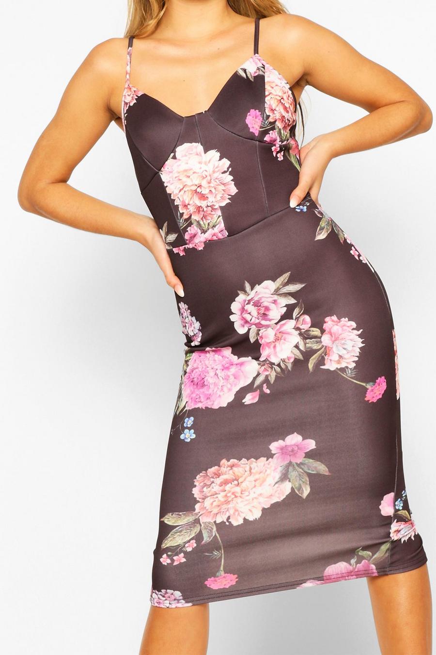 Bodycon Midi-Kleid mit Blumen-Print und Korsett, Schwarz image number 1