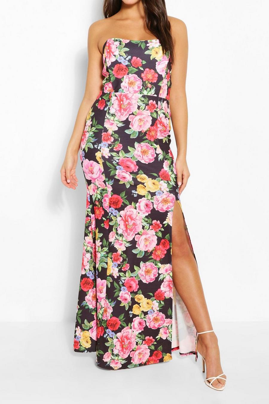 Floral Print Shaped Bandeau Thigh Split Maxi Dress image number 1