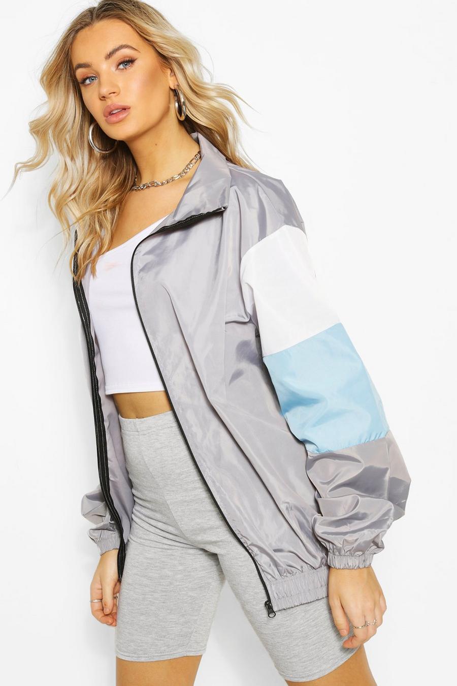 Grey Oversized Color Block Arm Shell Zip Through Jacket image number 1
