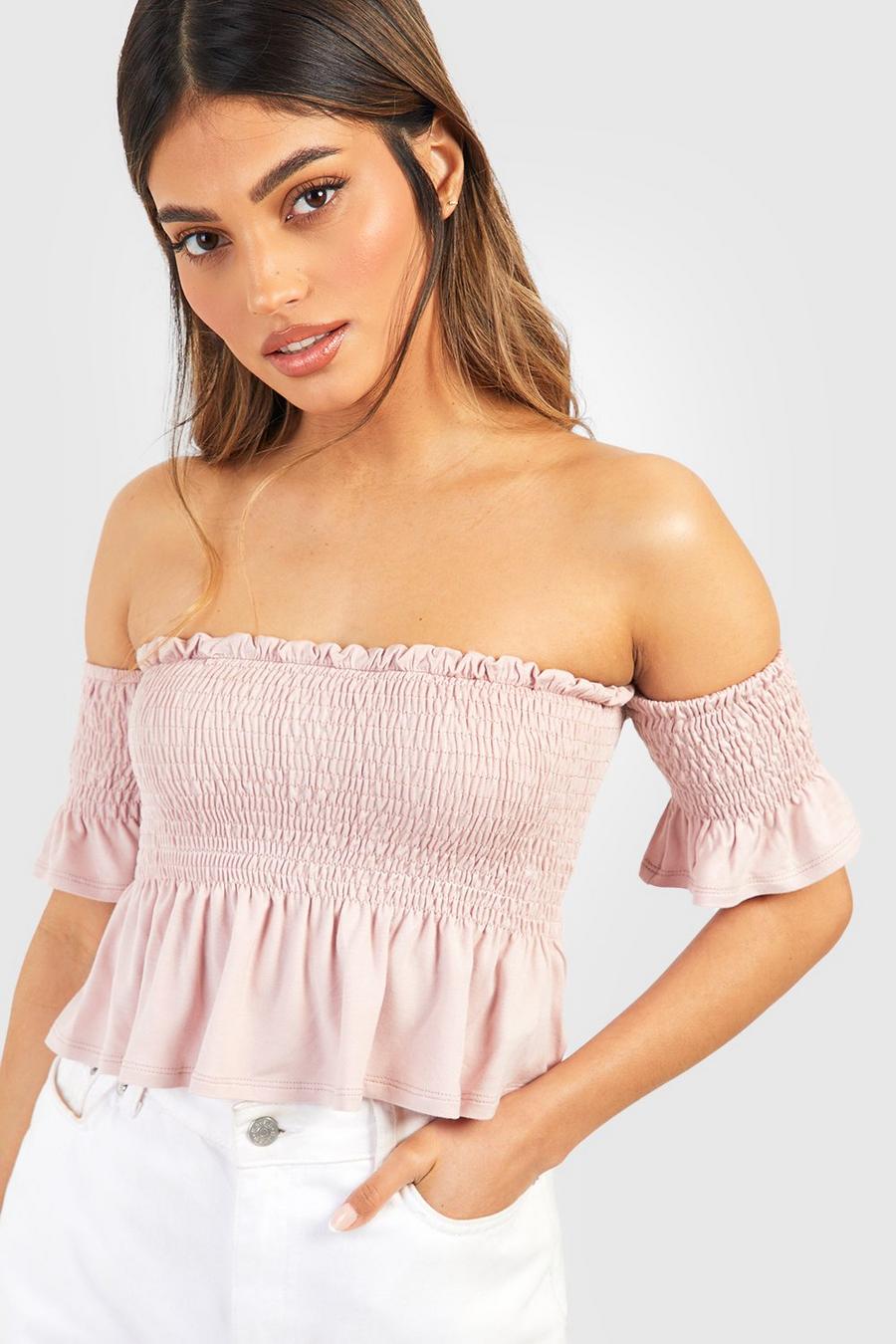 Blush rosa Woven Shirred Puff Sleeve Top