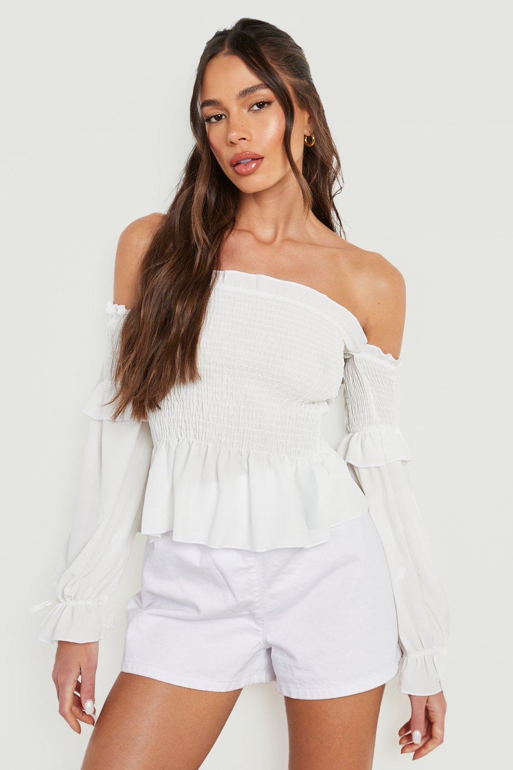 White Woven Off The Shoulder Shirred Top boohoo UK