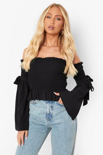 Woven Shirred Flared Sleeve Off The Shoulder Top black