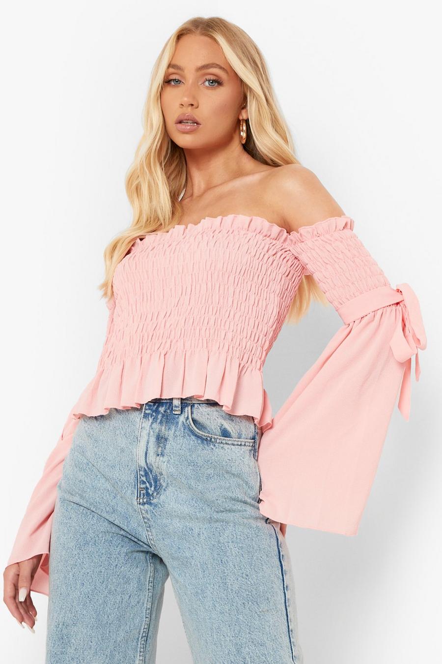 Blush rose Woven Shirred Flared Sleeve Off The Shoulder Top