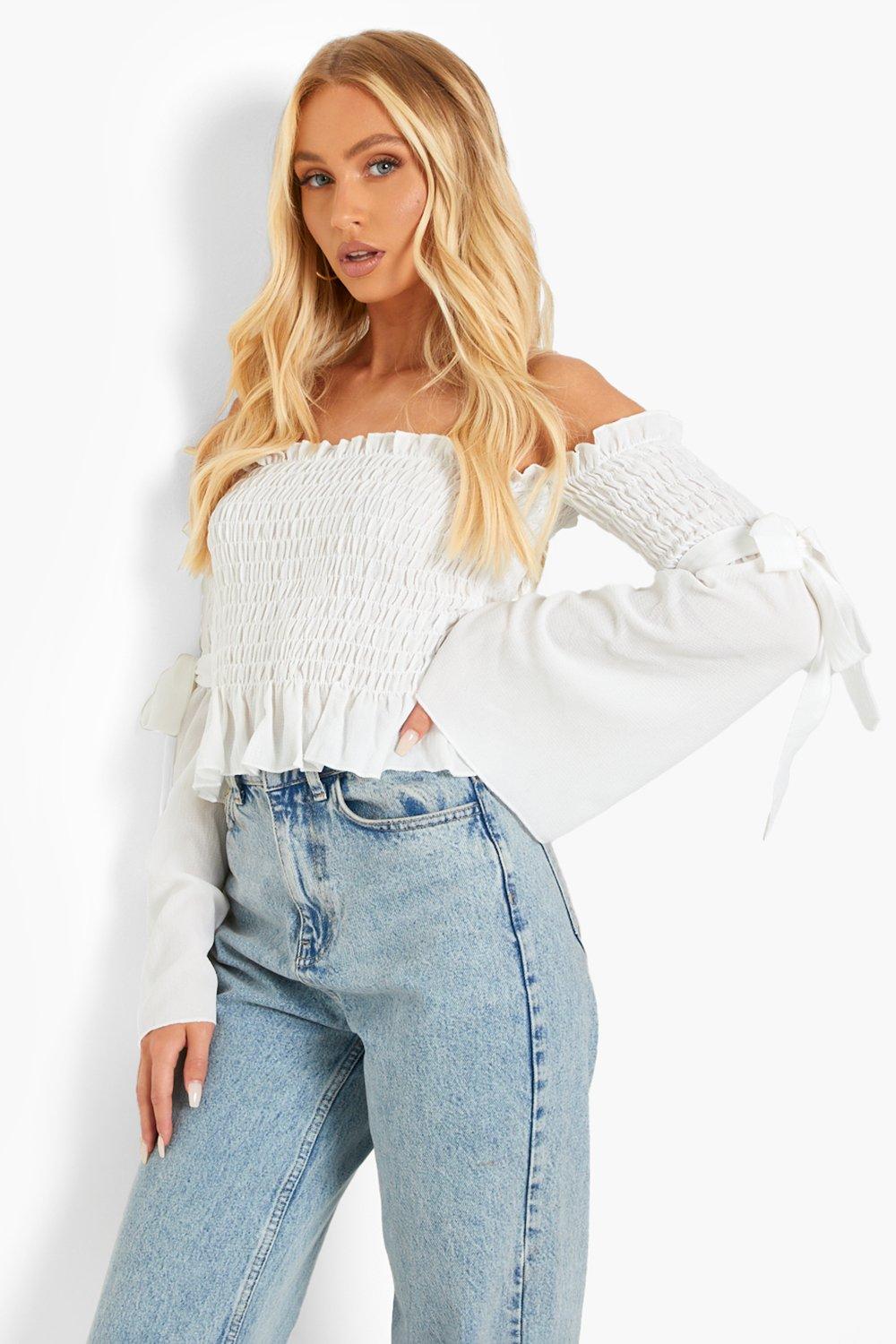 Women s Ivory Woven Shirred Flared Sleeve Off The Shoulder Top