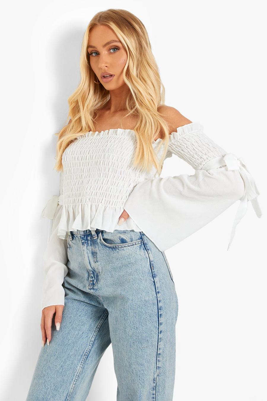 Ivory Woven Shirred Flared Sleeve Off The Shoulder Top