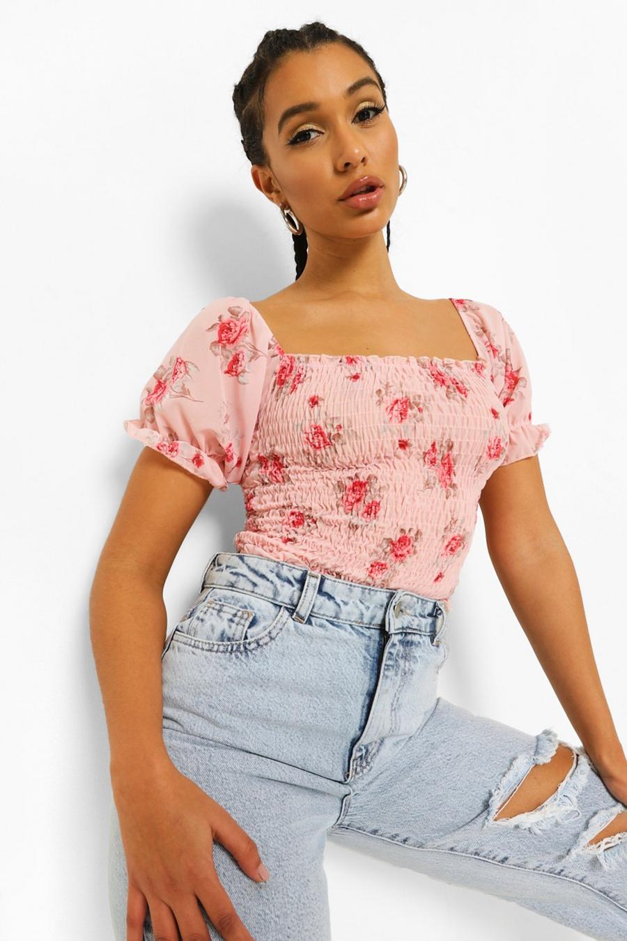 Blush Woven Floral Shirred Top image number 1