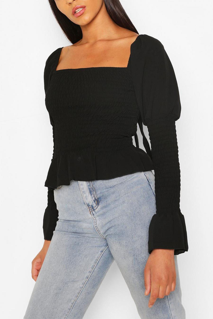 Black Woven Shirred Long Sleeve Top image number 1