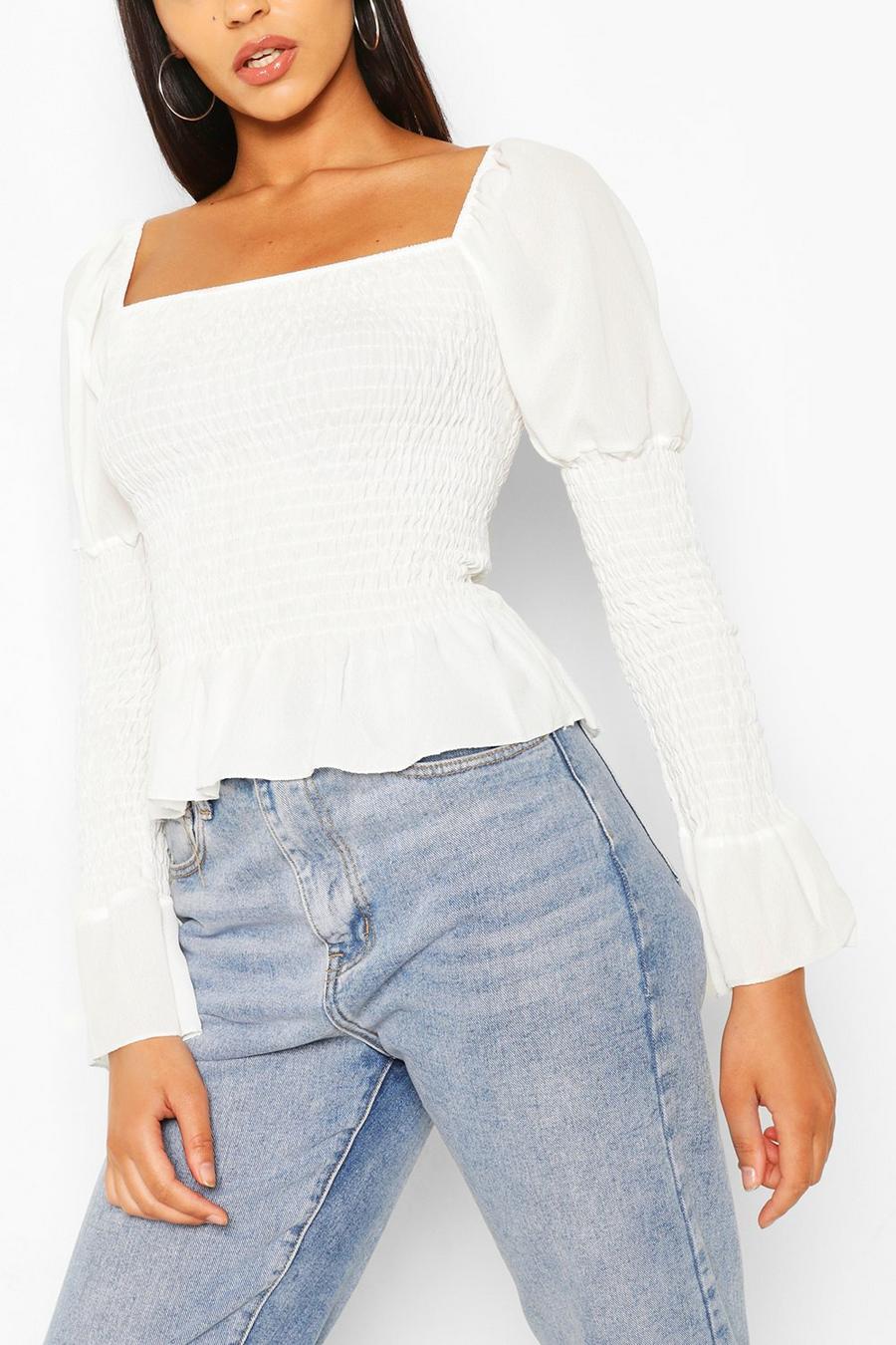Ivory Woven Shirred Long Sleeve Top image number 1