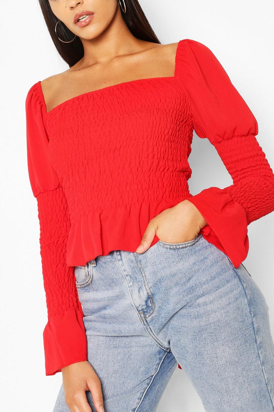 Red Woven Shirred Long Sleeve Top image number 1