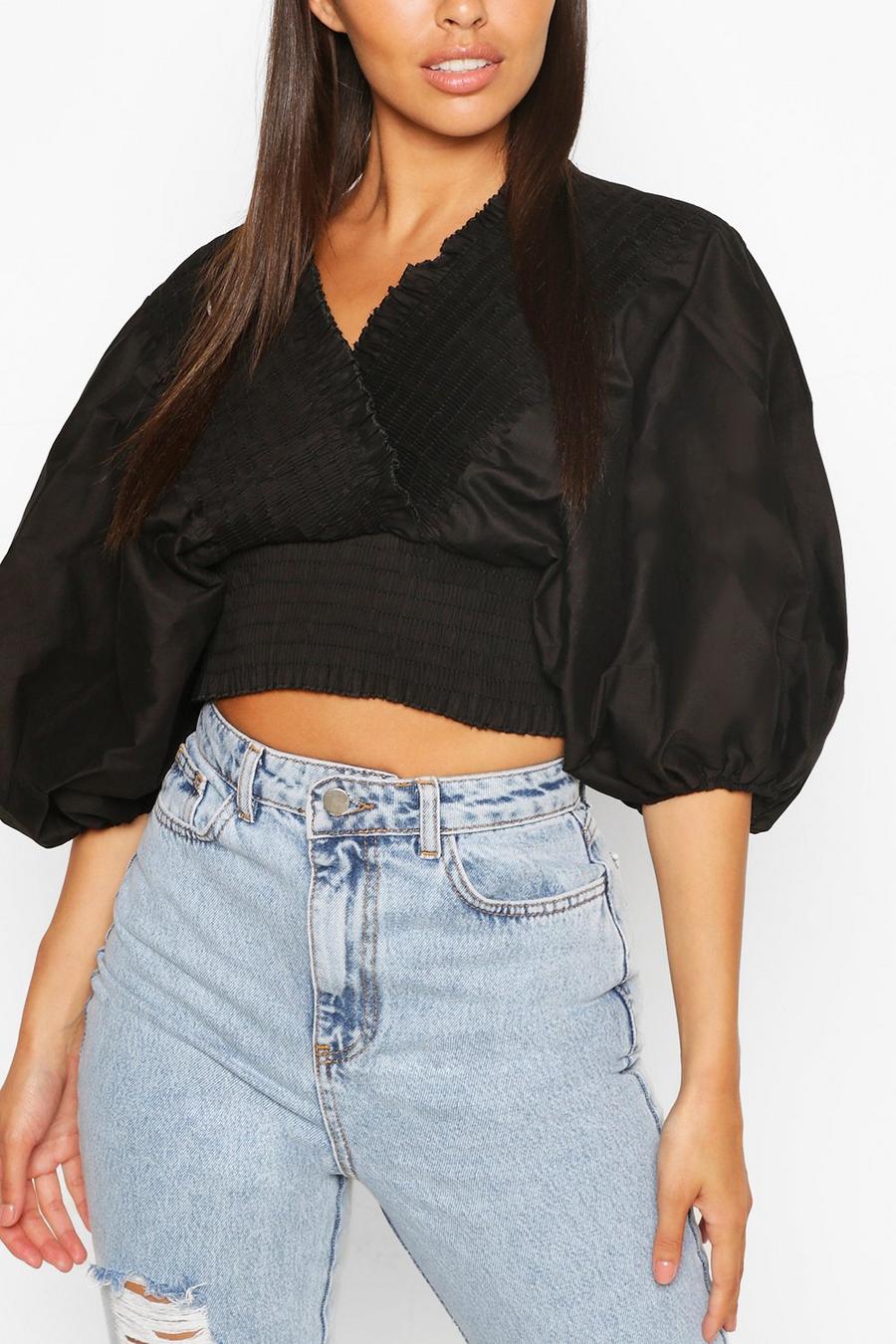 Black Woven Shirred Oversized Sleeve Top image number 1