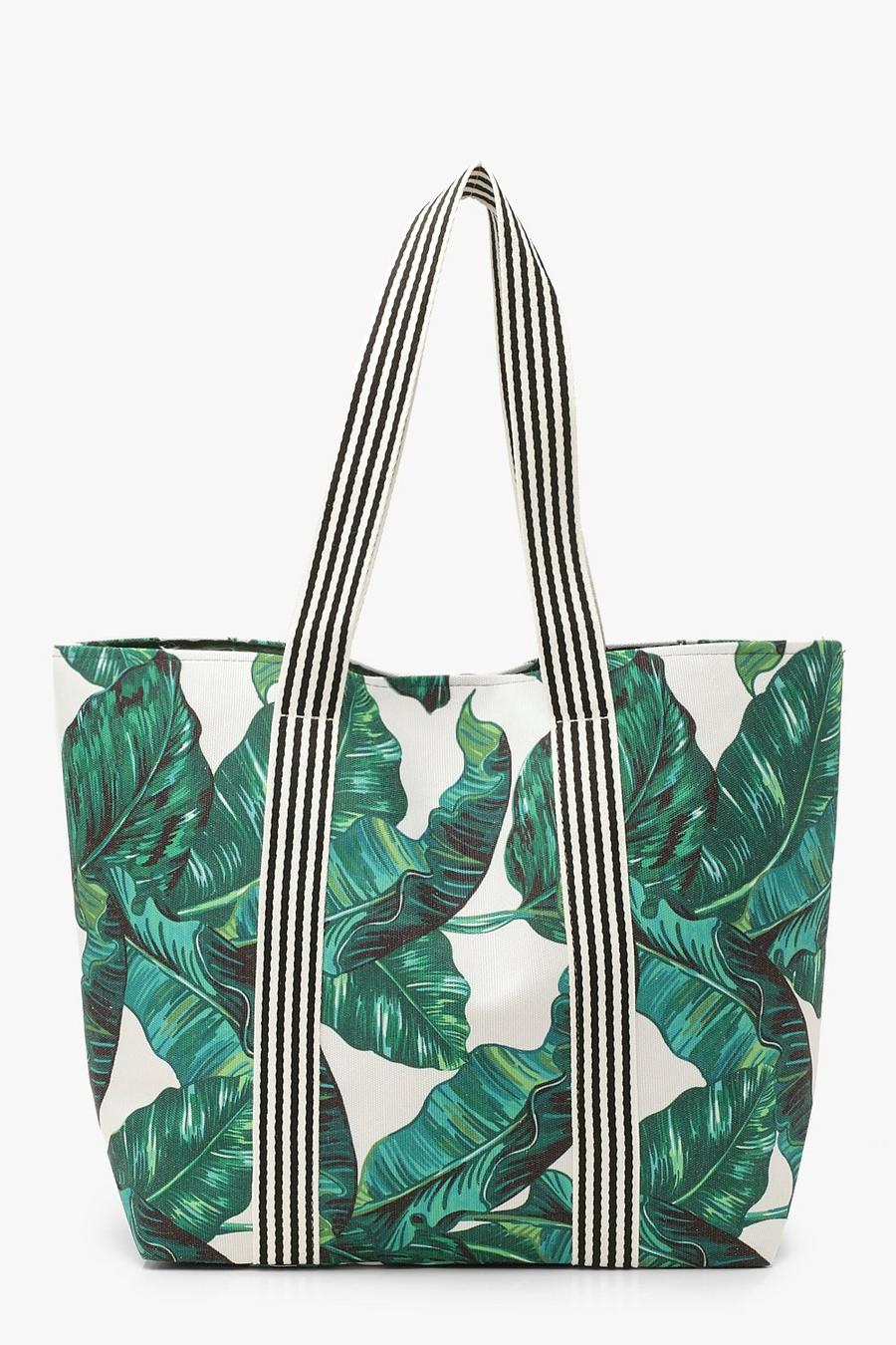 Bolso de playa con asa a rayas y estampado de hojas de palmeras image number 1