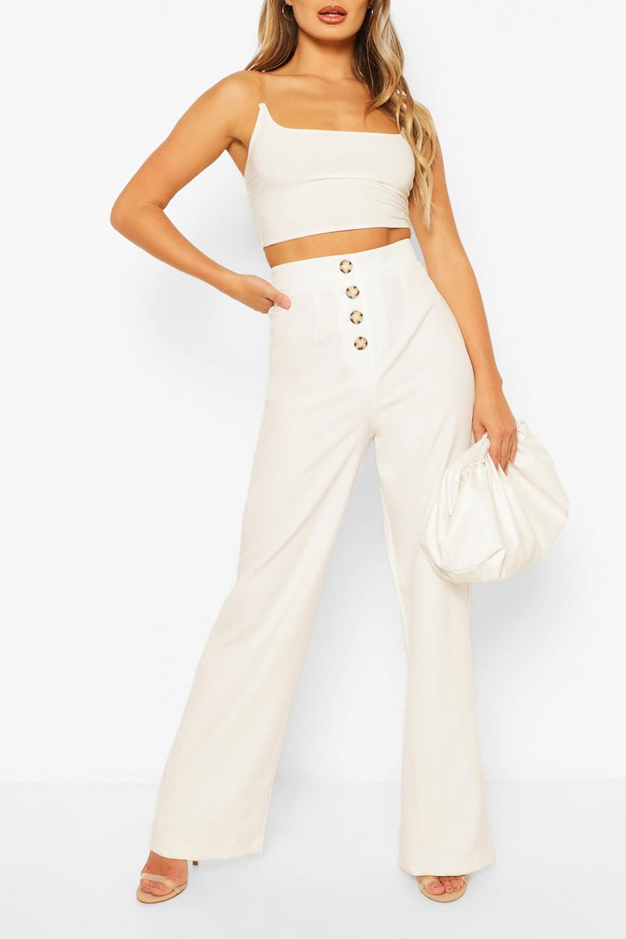 Ivory Button Front Pocket Side Woven Wide Leg Pants image number 1