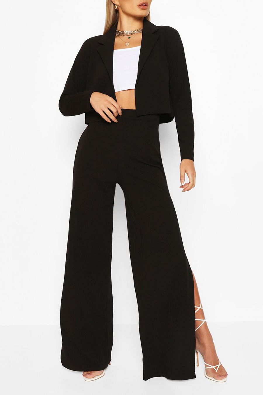 Black Crop Blazer And Split Wide Leg Pants Suit Set image number 1