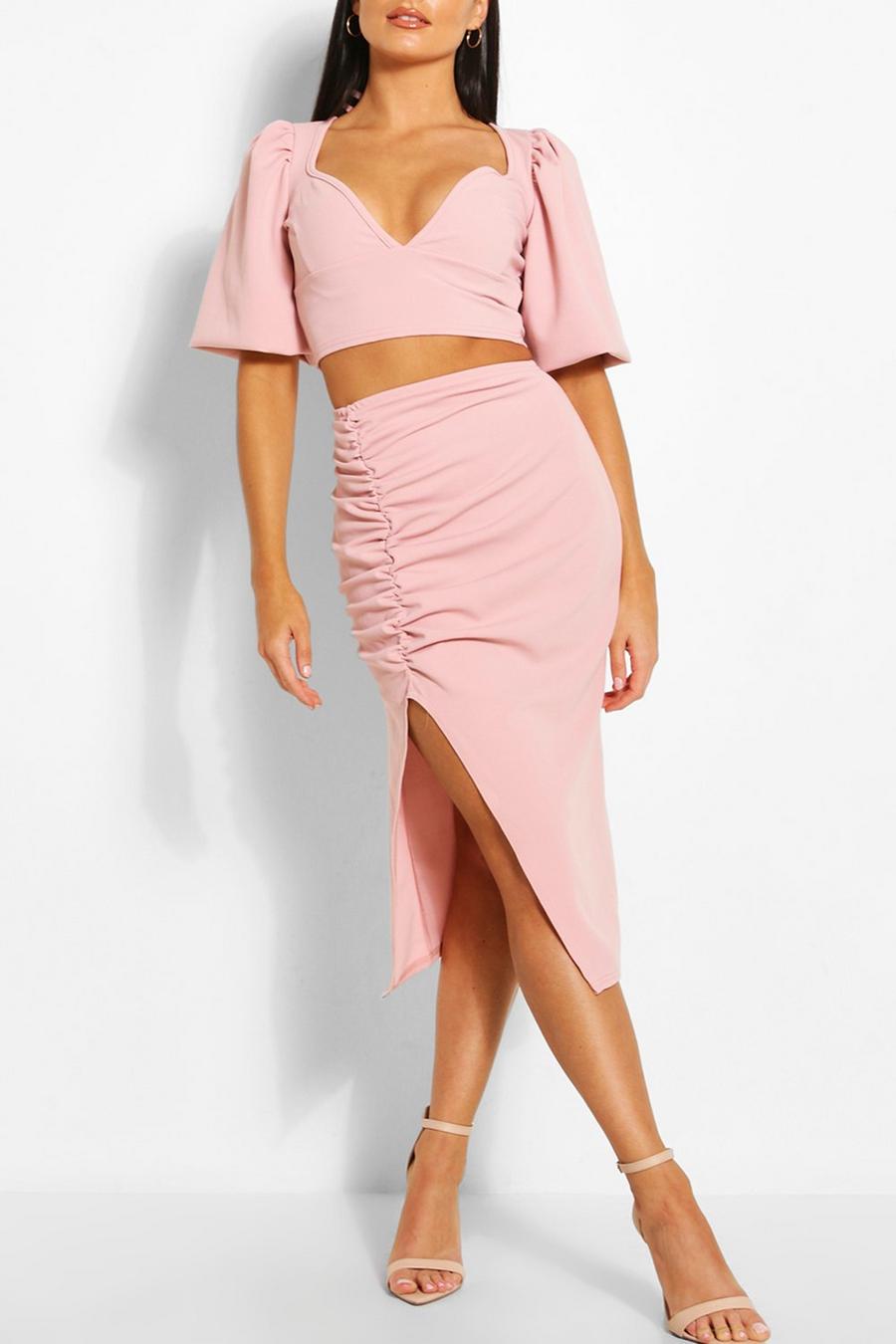 Rose Volume Sleeve Top & Ruched Midi Skirt Two-Piece image number 1