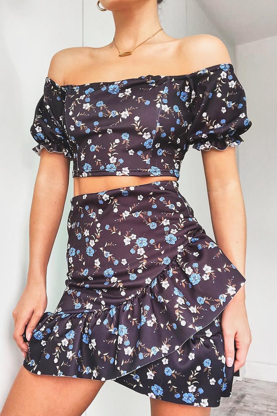 Black Floral Puff Sleeve Top & Wrap Frill Skirt Co-ord image number 1