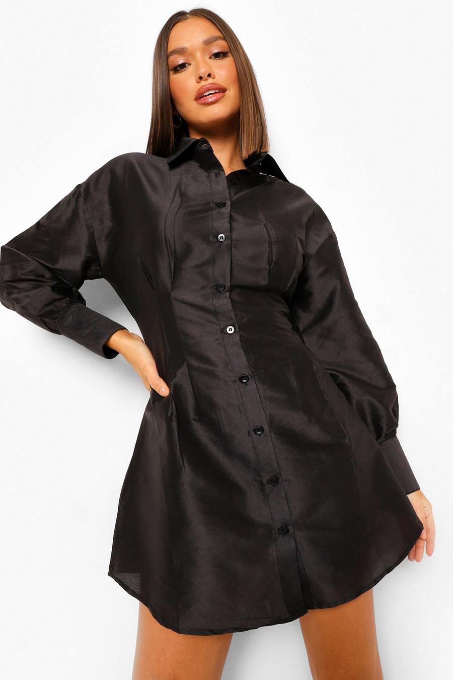 שחור שמלת חולצה מבד טפטה עם מותן מודגשת image number 1