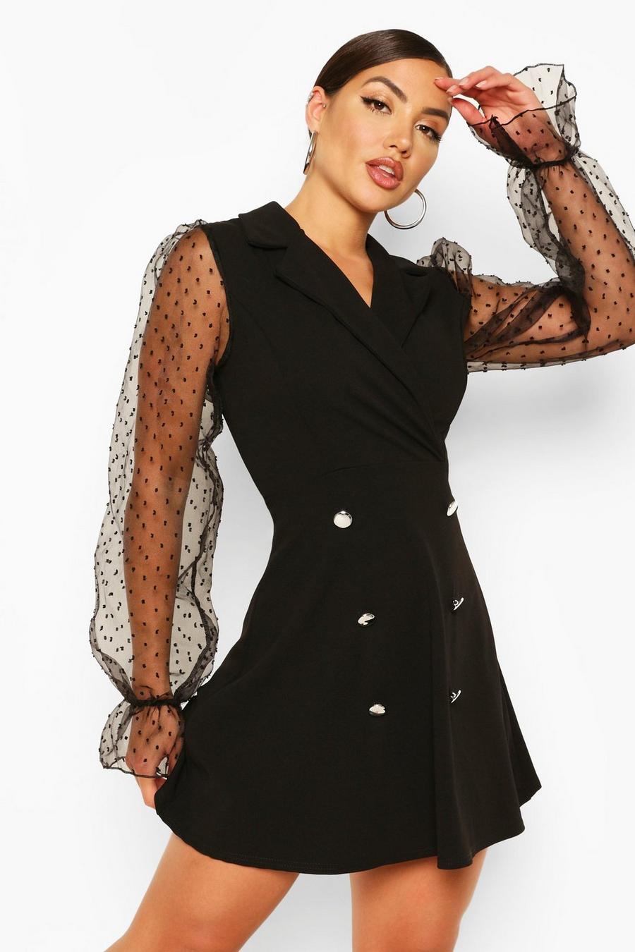 שמלת סקייטר רשת מבד דובי עם שרוולים תפוחים ועיטור כפתורים image number 1