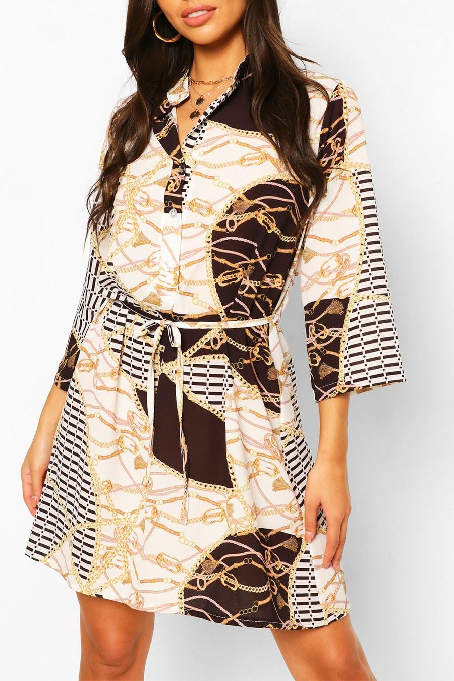 Chain Print Collarless Belted Shirt Dress image number 1