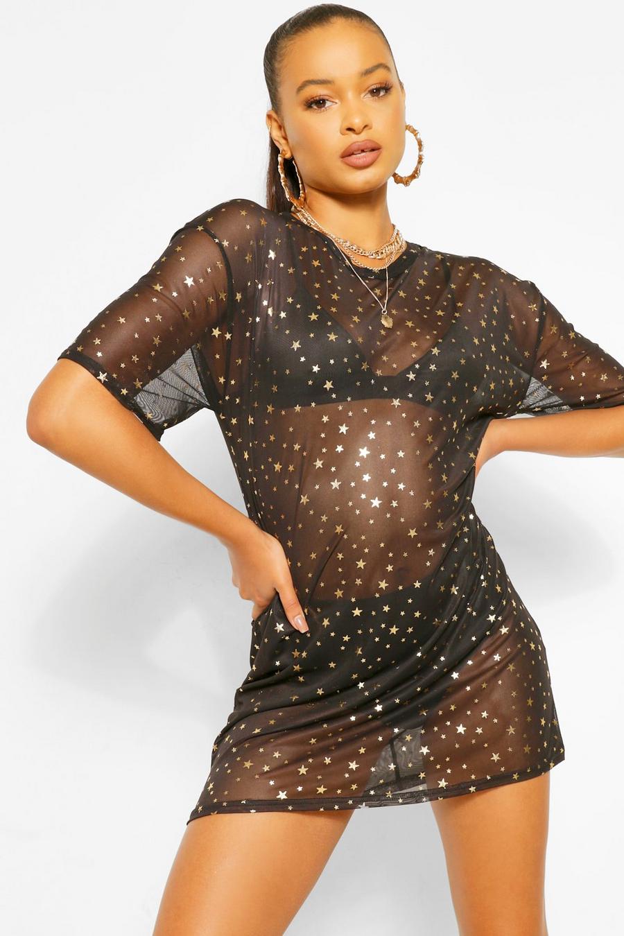 Black Glitter Star Mesh T-shirt Dress image number 1