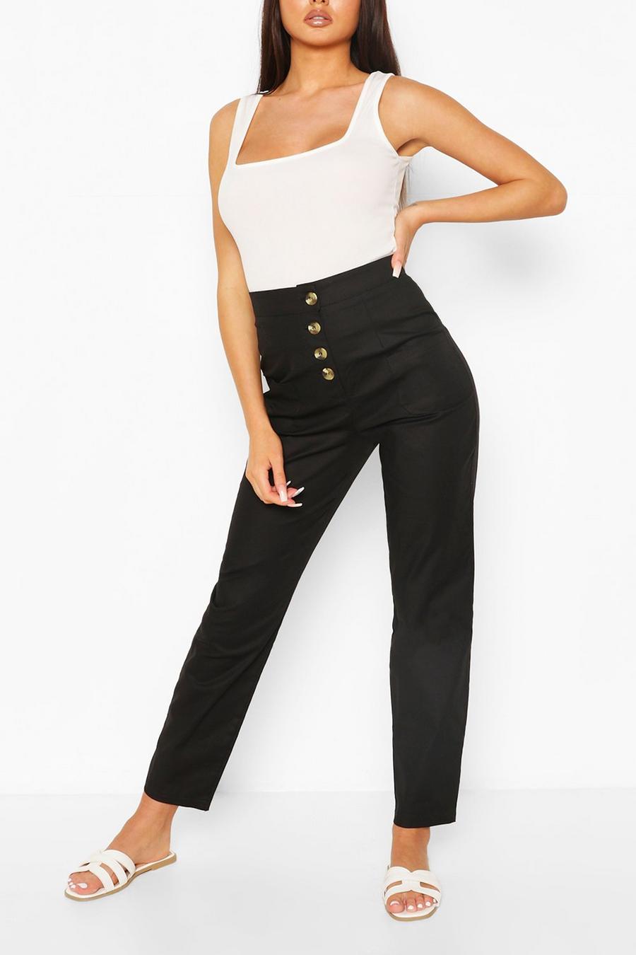 Black Stretch Cotton Button Front Skinny Pants image number 1