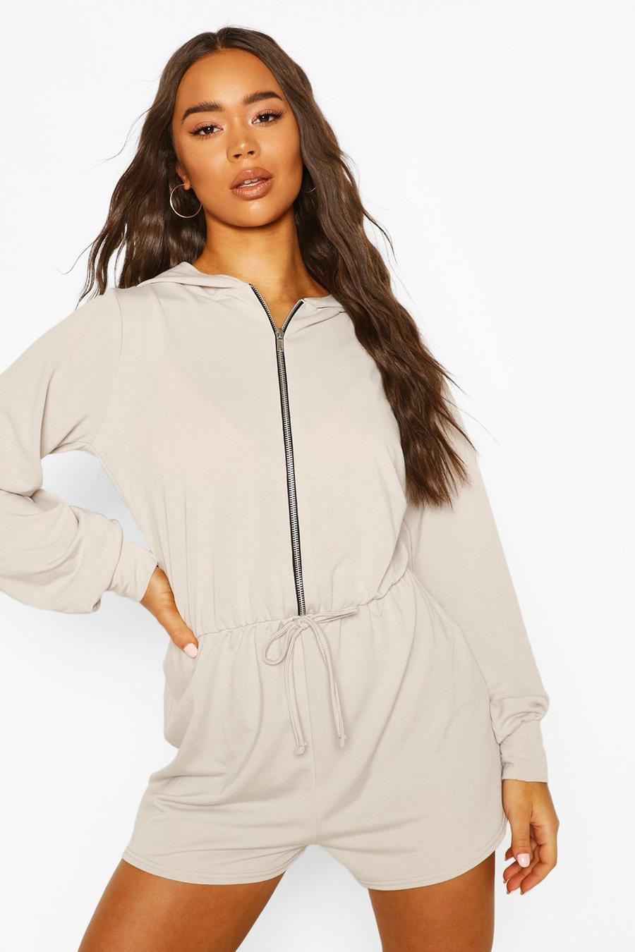 Silver Soft Zip Through Hooded Playsuit image number 1
