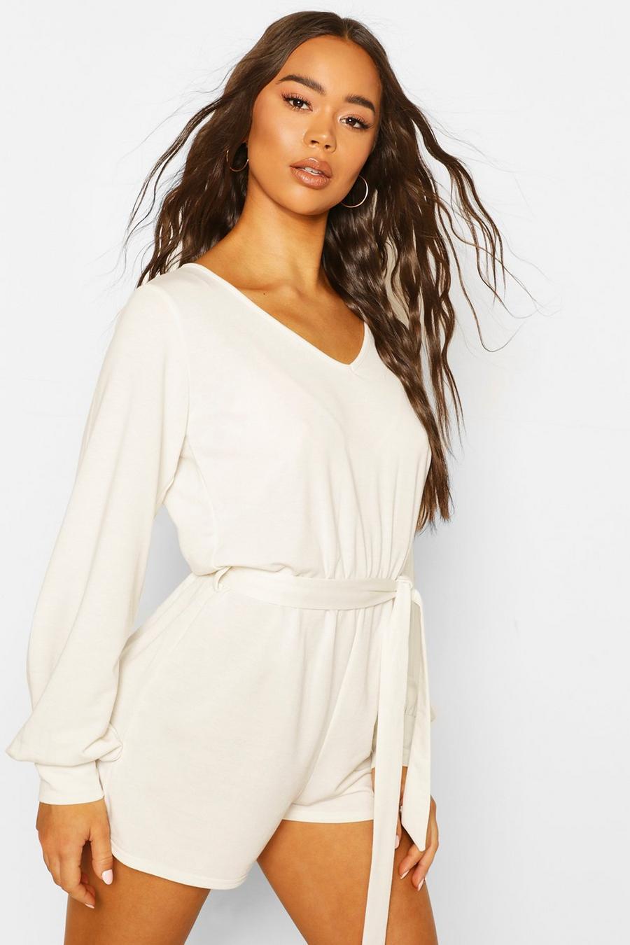 White Soft Tie Waist Oversized Lounge Playsuit image number 1