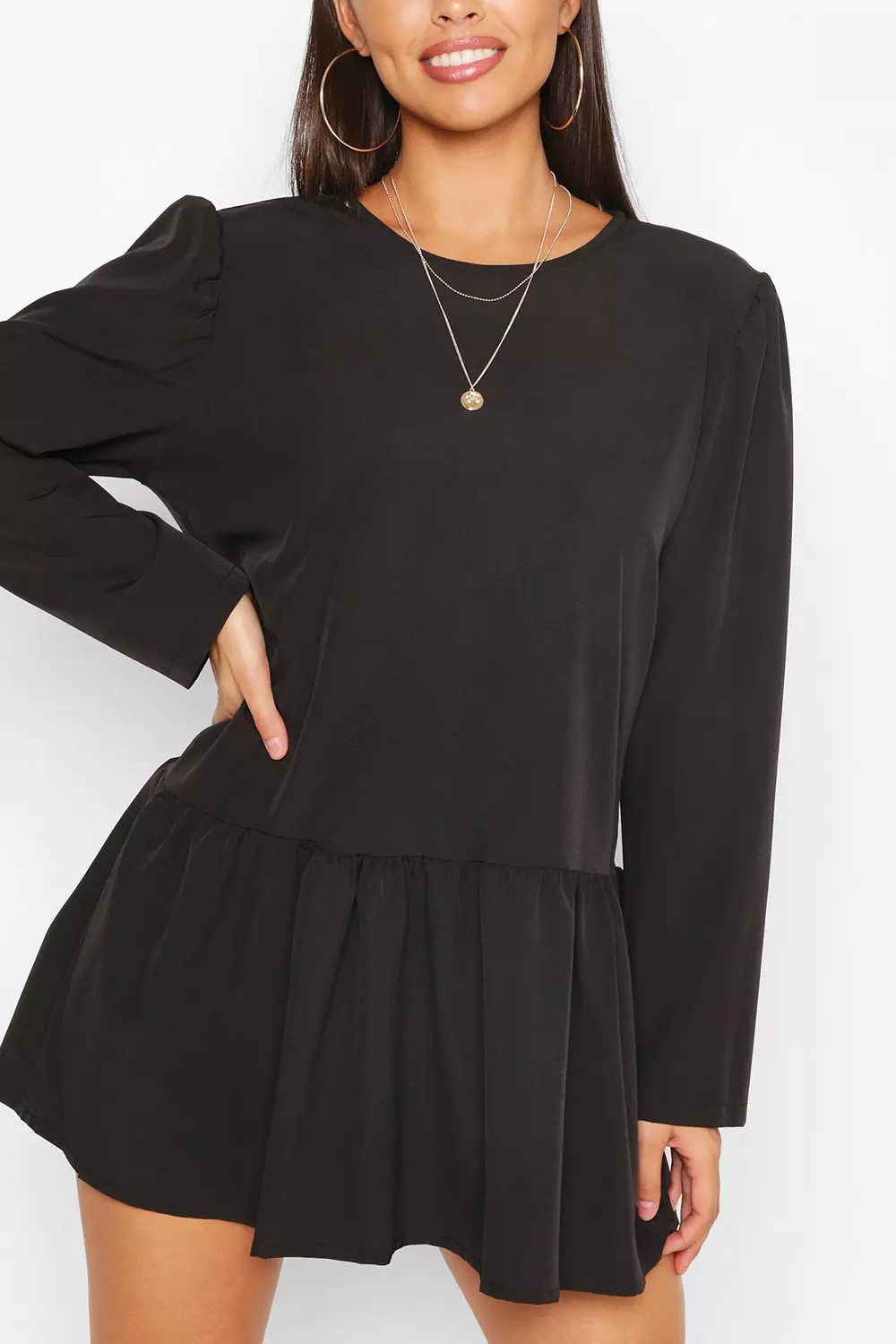 Black long sleeve 2024 frill hem shift dress