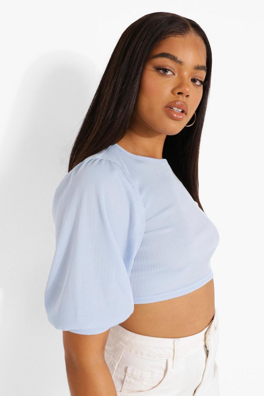 Blue Rib Puff Sleeve Crop Top image number 1