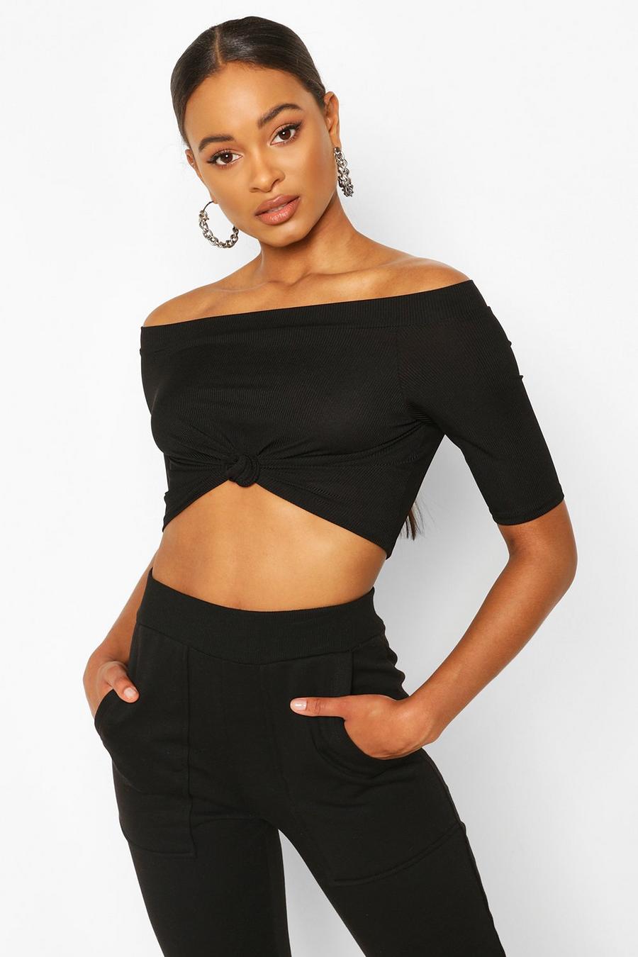 Black Rib Knot Front Crop Top image number 1