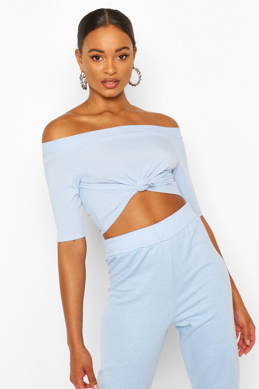 Blue Rib Knot Front Crop Top image number 1