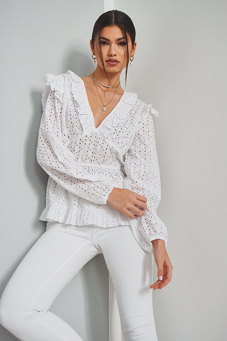 Broiderie Anglaise Ruffle Plunge Blouse image number 1