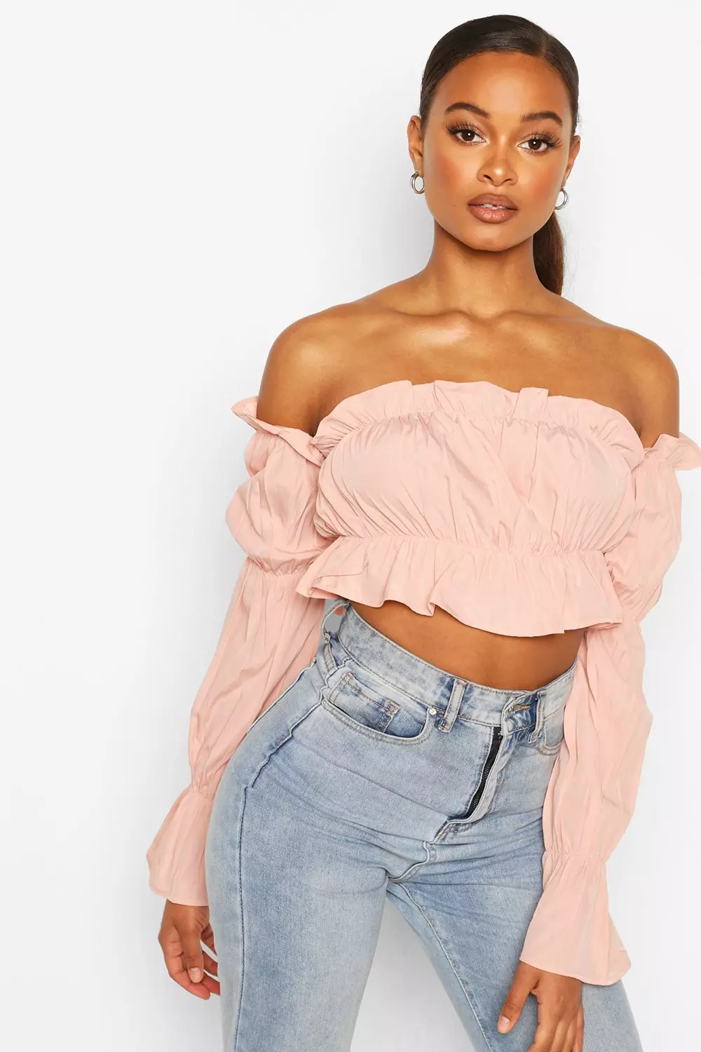 Off the shoulder long sleeve ruffle crop sales top