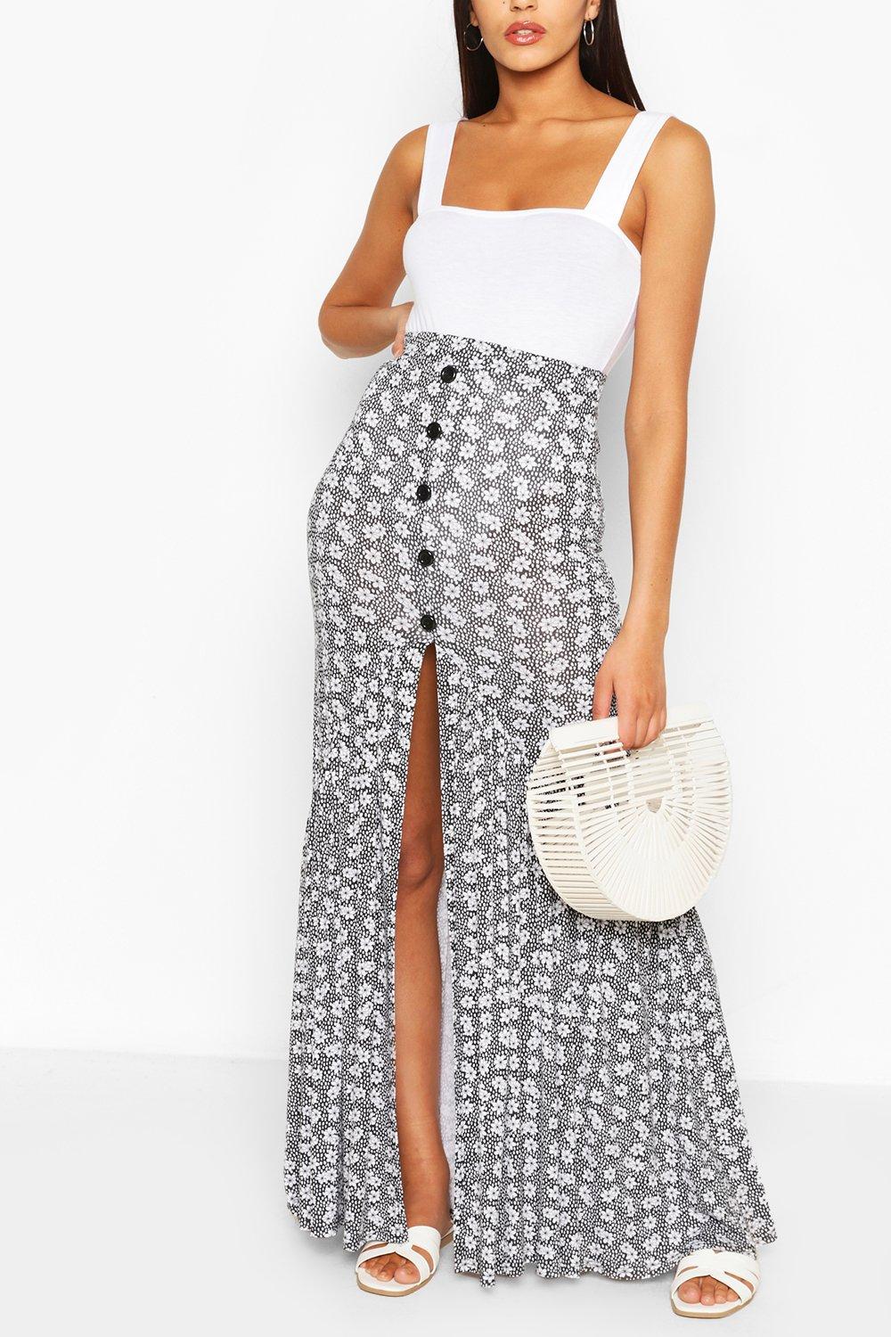 Button Front Floral Drop Hem Maxi Skirt