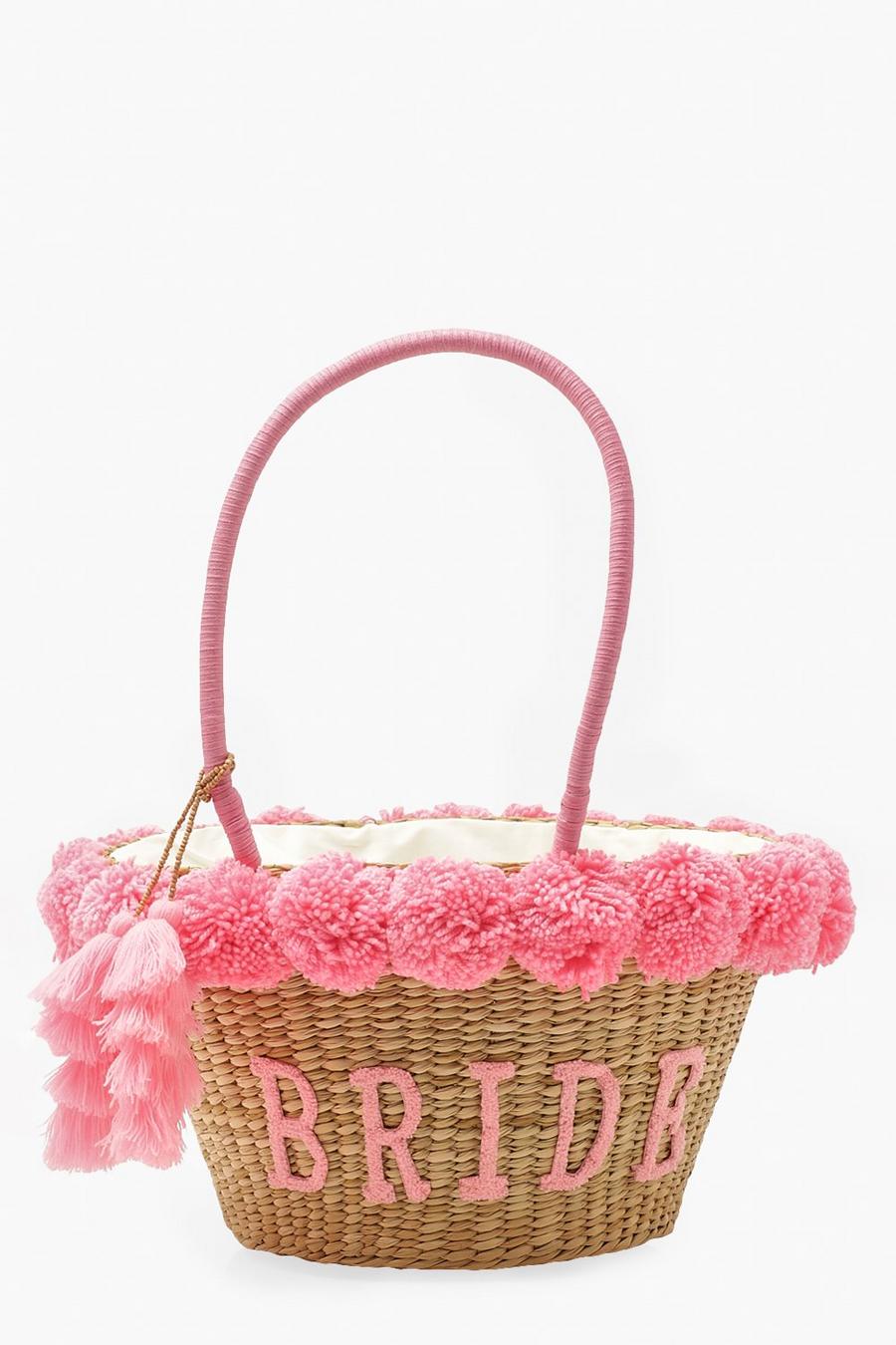Pink Bride Straw & Pom Pom Large Beach Bag image number 1