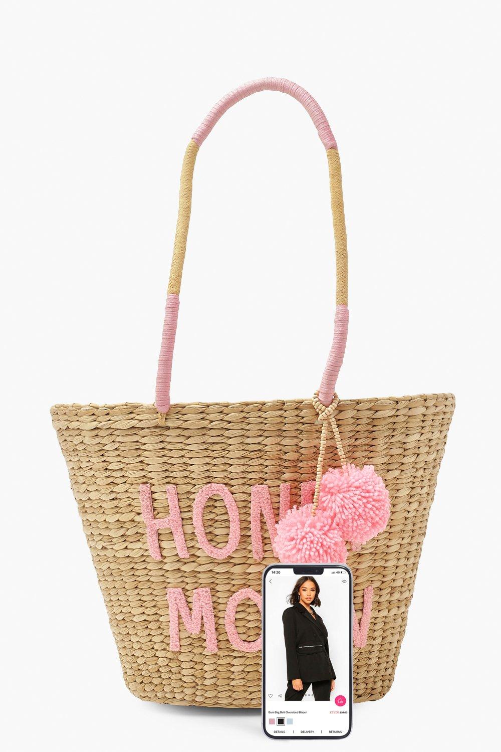 Honey Moon Pom Pom Large Straw Beach Bag