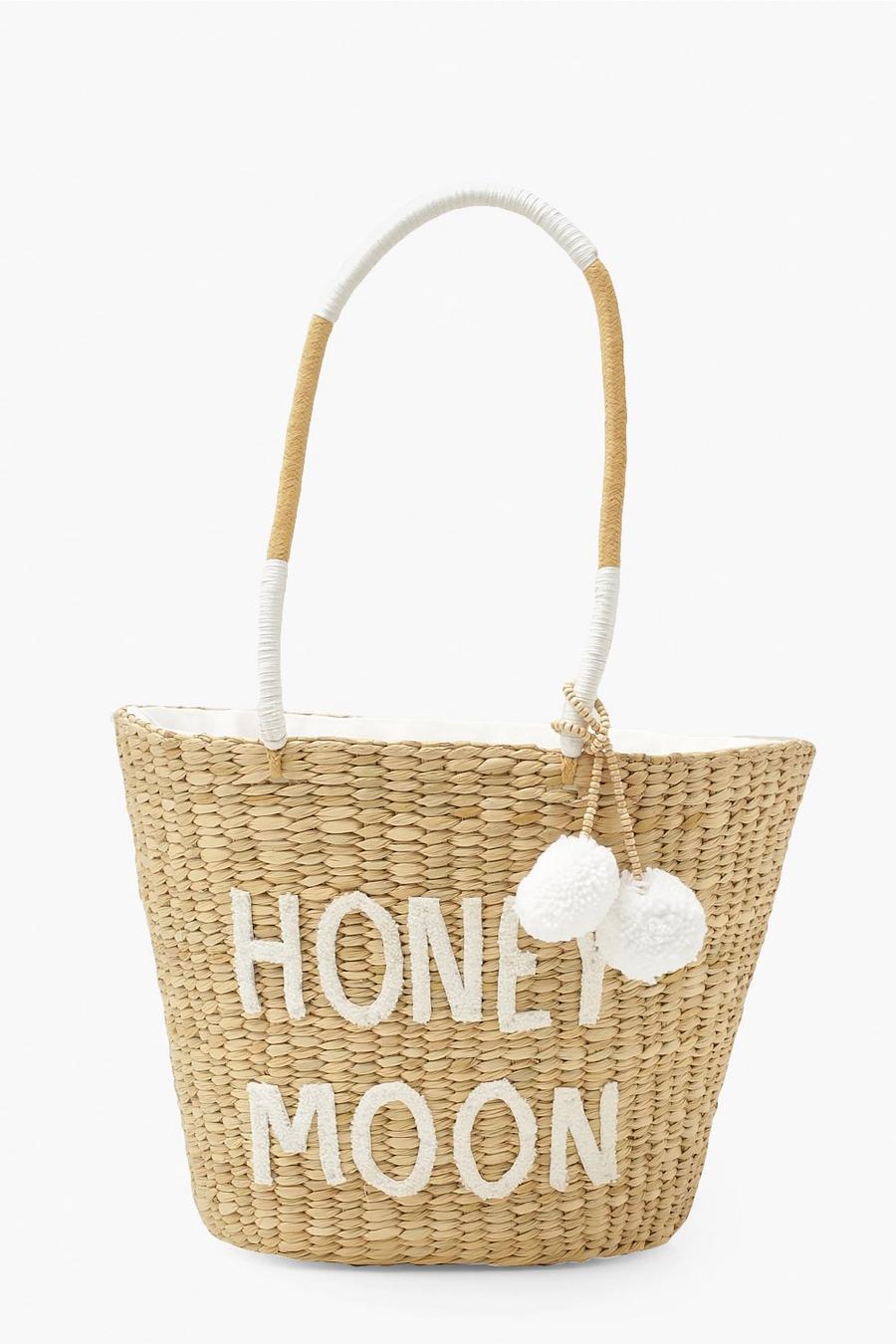 Honey Moon Große Strandtasche aus Stroh mit Bommeln, Weiß image number 1