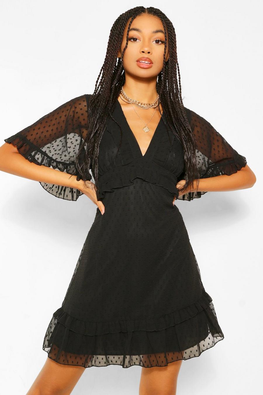שחור שמלת סקייטר רשת מבד דובי עם מחשוף עמוק ושרוולי מלאך image number 1