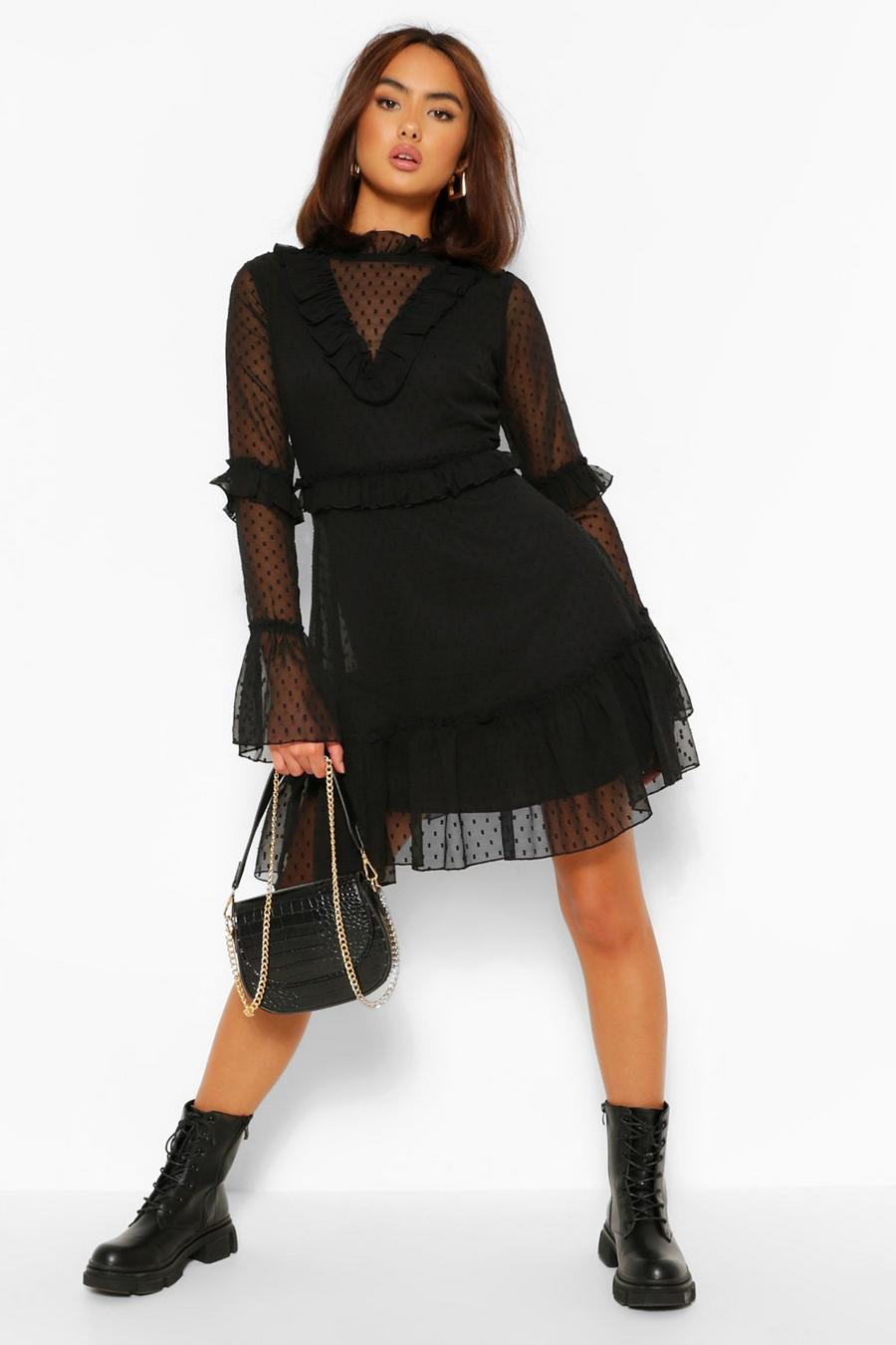 שחור שמלת סקייטר רשת מבד דובי ועיטור סלסולים בצווארון image number 1